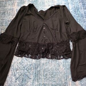 Black Lace Trim Long Sleeve Top